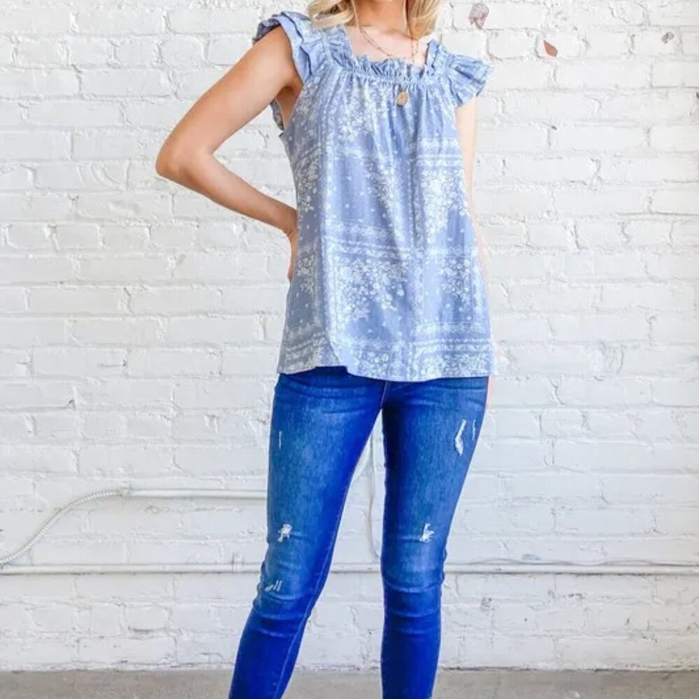 And The Why Boho Print‎ Rayon Linen Ruffle Baby Doll Tank Top